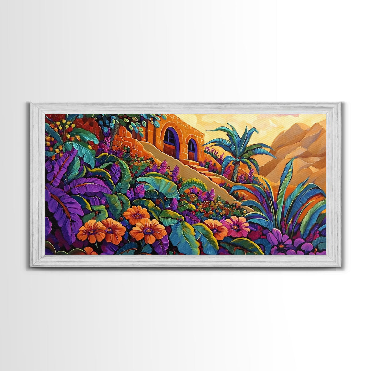 Jungle, Flowers, Adobe, Hillside, Framed Canvas Print tropical wall art, vibrant living room decor, boho jungle scene painting