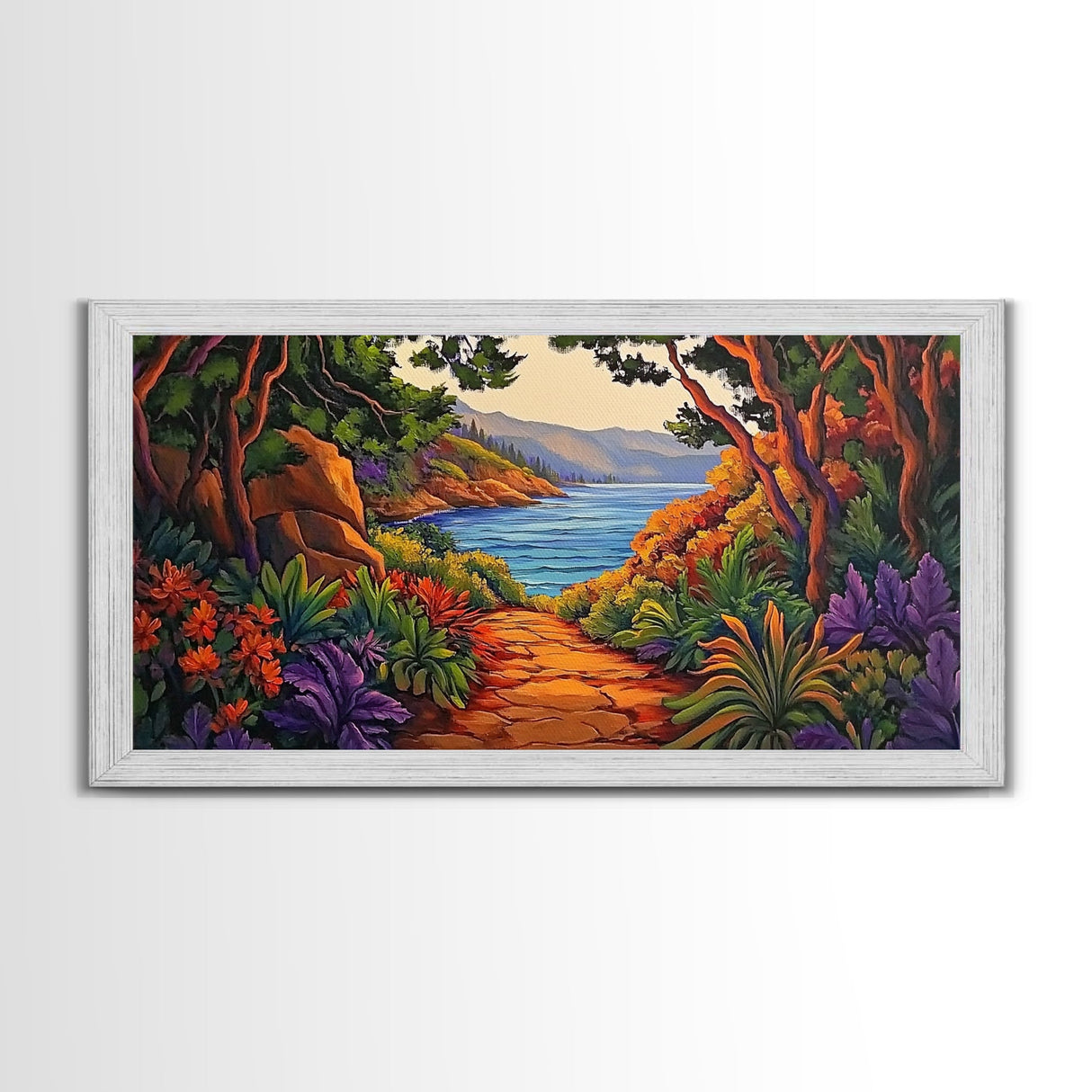 Trail Trees, Ocean, Bright, Framed Canvas Print vibrant nature path artwork, coastal forest boho art, kitchen wall decor