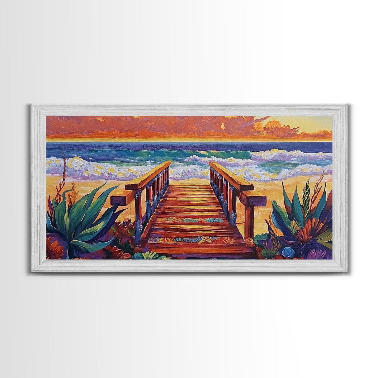 Beach Boardwalk, Sunset, View, Framed Canvas Print, boardwalk to beach, Coastal Entryway Art, sunset seascape painting, ocean cottage