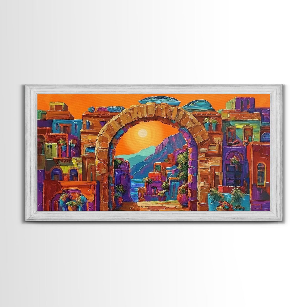 Arch Village, Sunset, Canvas Print, Mediterranean Town Wall Art, Colorful Travel Decor, Eclectic Living Room, Warm Sunset Vibe Art
