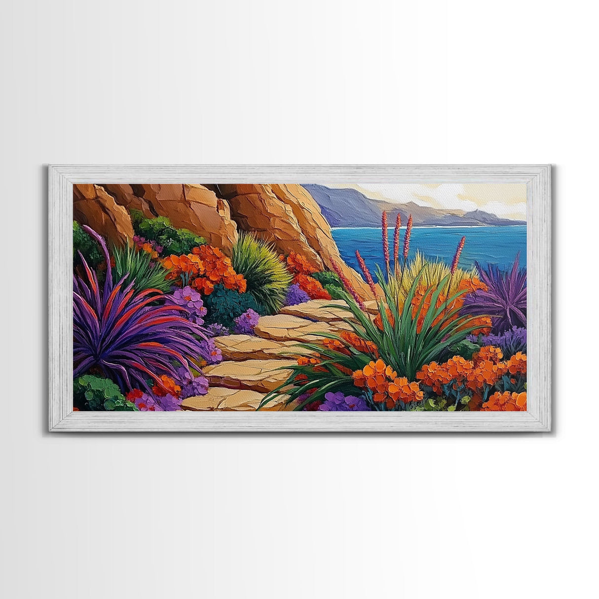 Floral Path, Coastal Trail, Ocean View, Framed Canvas Print, Bright Nature Wall Art, Vibrant Hallway or Kitchen Boho Decor