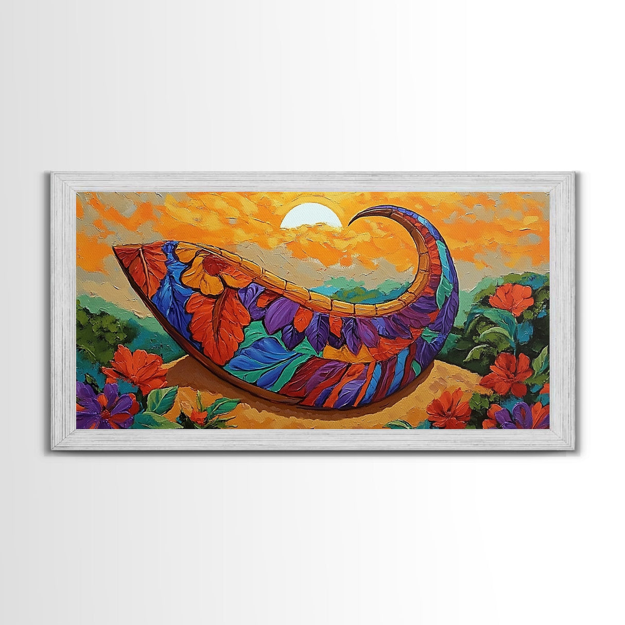 Harvest Sunset, Cornucopia, Floral, Framed Canvas Print Thanksgiving wall art, vibrant boho painting, Fall kitchen decor, rustic style