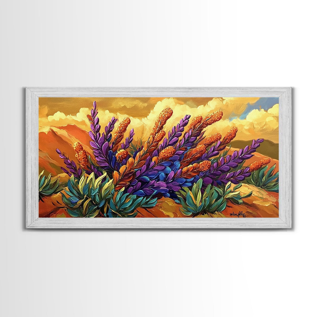 Lavender Bloom, Desert, Hillside, Framed Canvas Print Vibrant floral wall art, southwest boho style, Autumn art, hallway decor