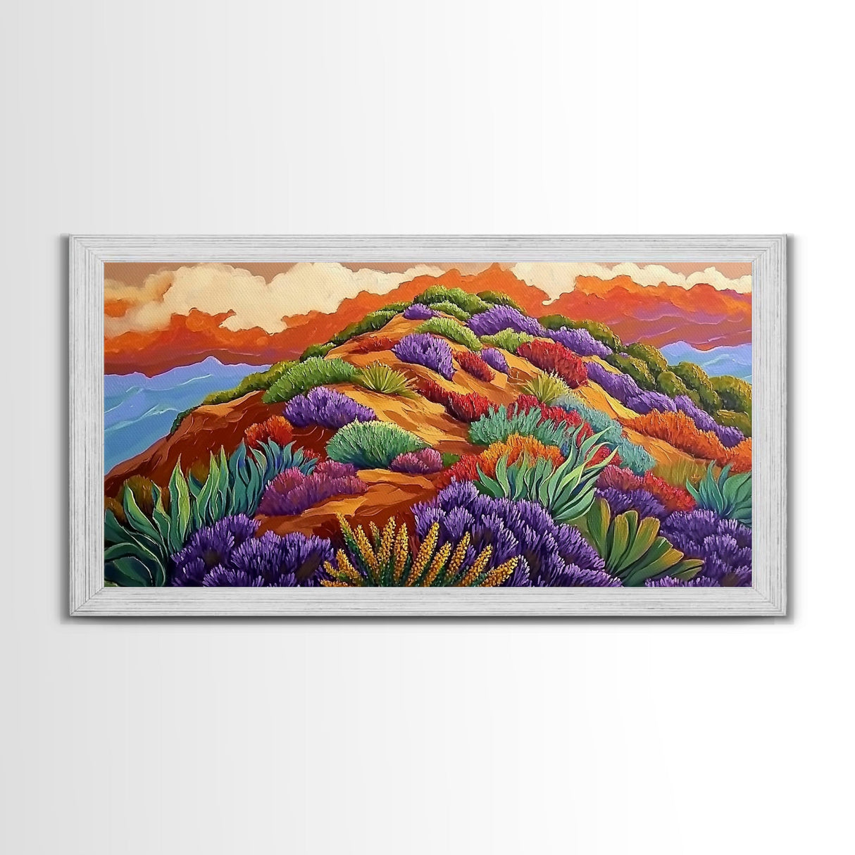 Wildflower Mountain, Sunrise, Hillside, Framed Canvas Print Bold desert landscape, colorful botanical art, boho Fall bedroom decor