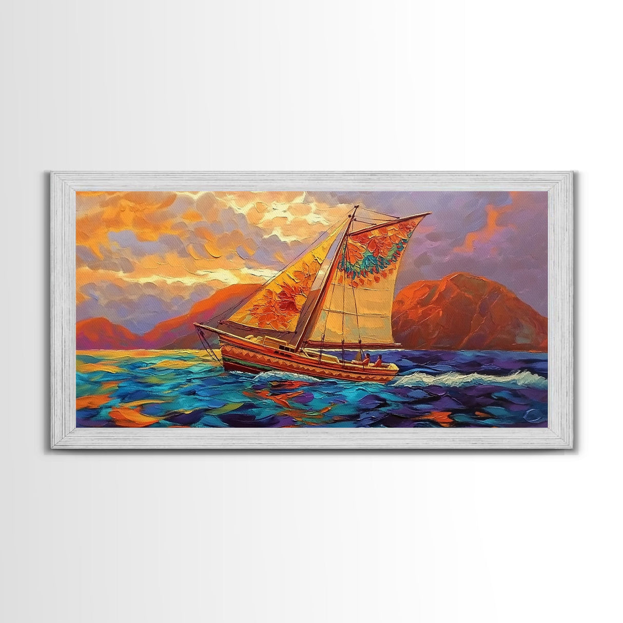 Sailboat Sunset, Ocean, Adventure, Framed Canvas Print Nautical coastal wall art, colorful seascape, bold living room decor