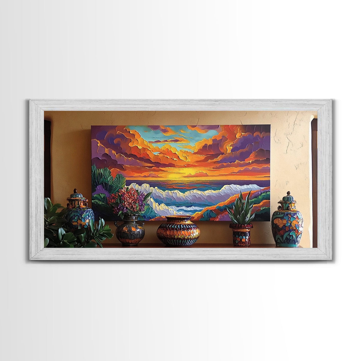 Sunset Ocean, Waves, Vibrant, Coastal Landscape Framed Canvas Print, Living Room Wall Art, Bold Color Art, Tropical Beach Sunset Decor