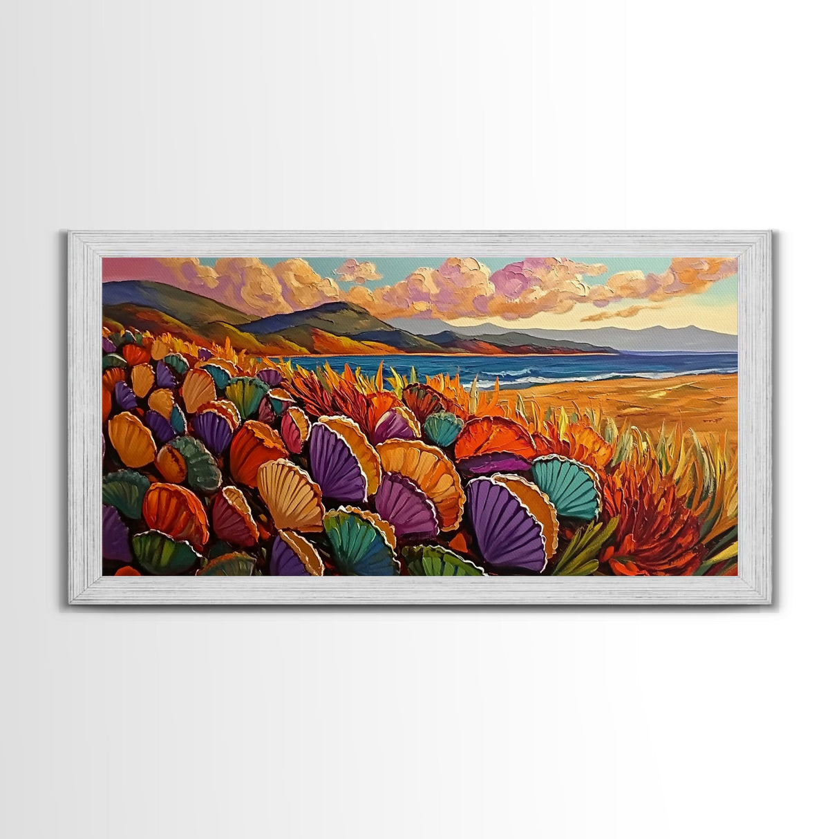 Beach Shells, Coastal, Colorful, Framed Canvas Print, tropical seashell wall art, beach boho decor, vibrant summer bathroom art