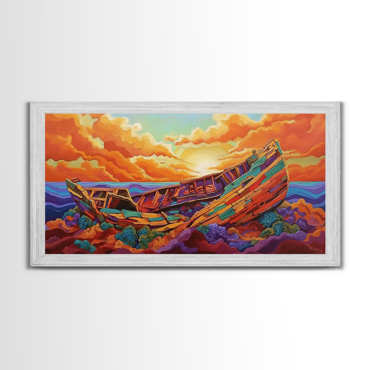 Shipwreck Sunset, Sea, Rustic, Framed Canvas Print, nautical fall coastal decor, beach cabin art, rustic ocean themed living room art