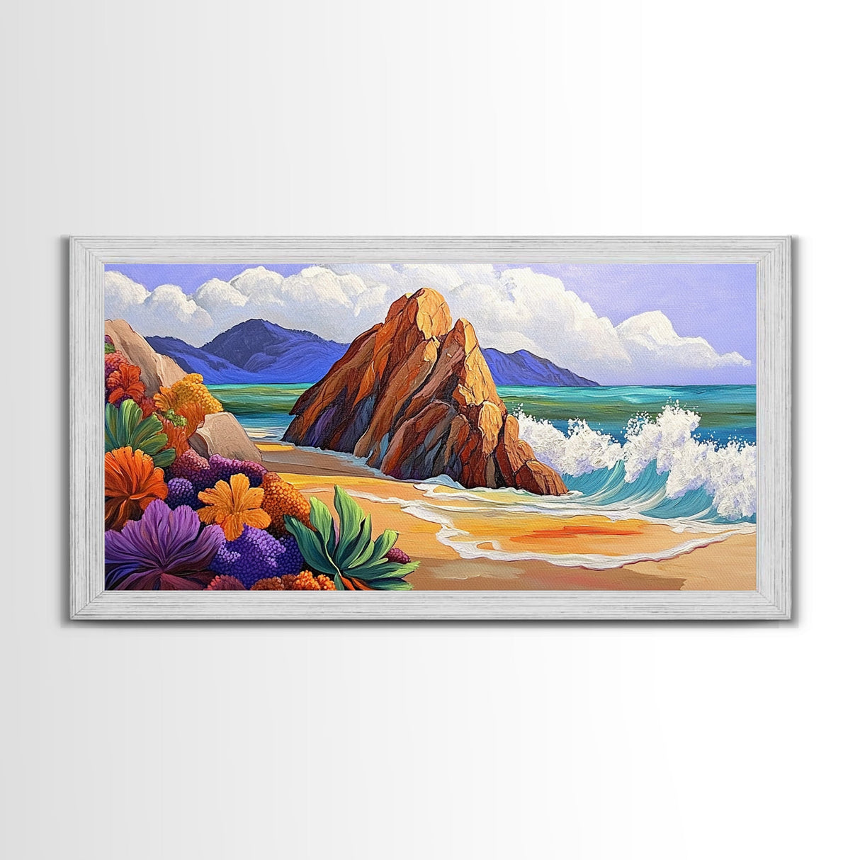 Rocks Beach, Flowers, Ocean, Framed Canvas Print, colorful tropical seascape, modern coastal wall art, bright nature themed decor