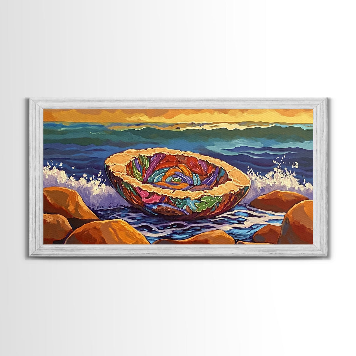 Pan Dulce, Ocean, Rocks, Sea, Canvas Print, Mexican sweet bread wall art, kitchen decor, dessert lover painting, bakery-inspired artwork