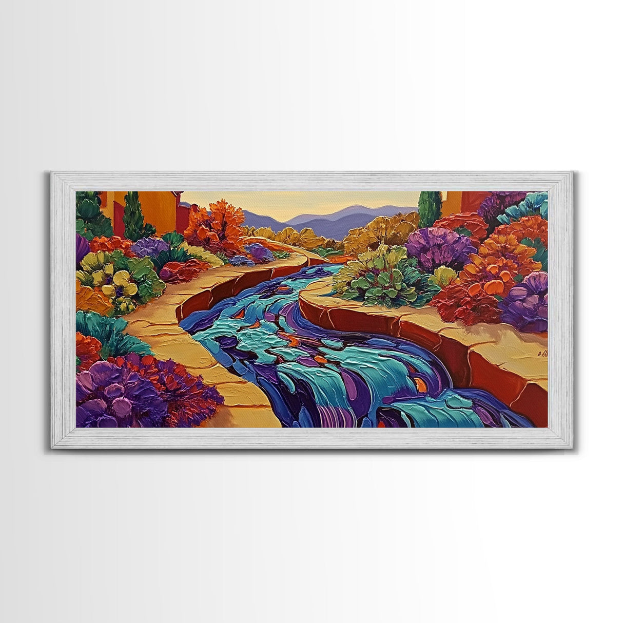 Stream Garden, Colorful, Path, Framed Canvas Print, Southwestern landscape art, bright garden painting, hallway decor, fall home vibe