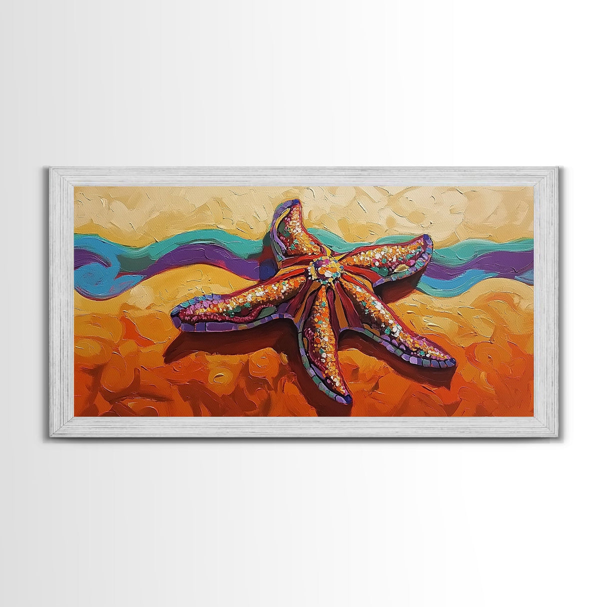 Starfish Beach, Colorful, Textured, Framed Canvas Print, coastal boho decor, ocean theme, beach house bathroom wall art