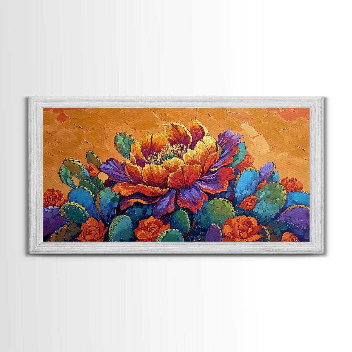 Cactus Bloom, Bold, Flowers, Blooming Cactus Flower Framed Canvas Print, Colorful Botanical Wall Art, Kitchen Boho Decor, Desert Art