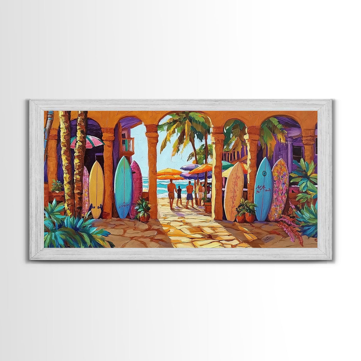 Surfboards Beach, Tropical, Colorful Life, Framed Canvas Print, Coastal Art, Entryway Wall Decor, Surf Shack Vibes, Tropical Summer