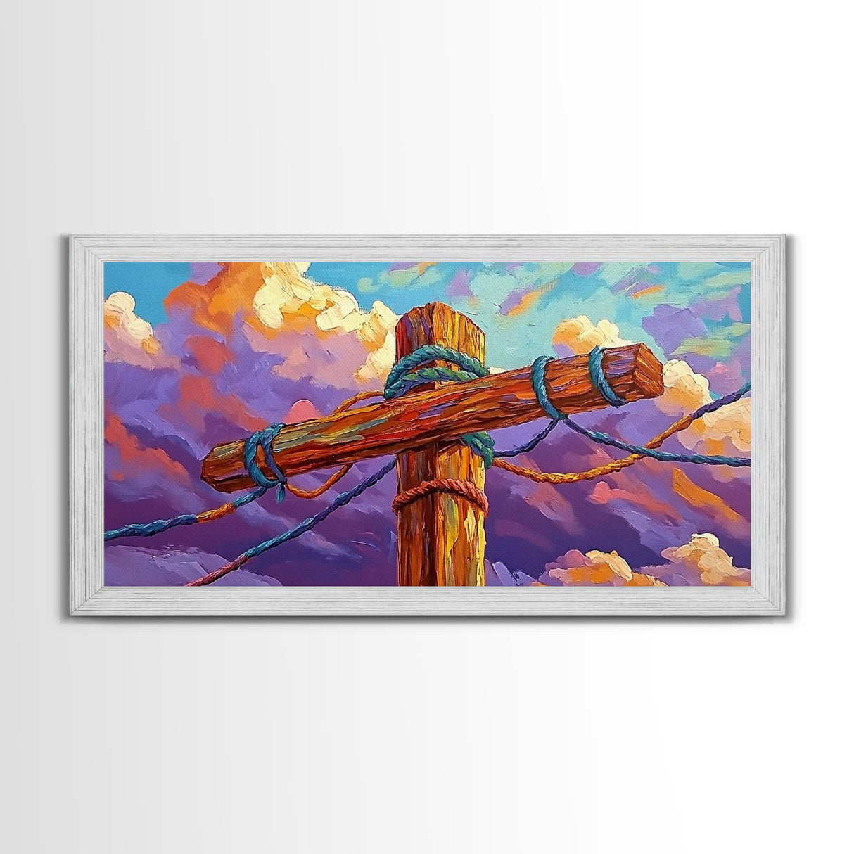 Wooden Pole, Nautical, Rope, Clouds, Framed Canvas Print, Rustic Coastal Art, Bathroom Wall Decor, Ocean-Inspired, Beach House Style
