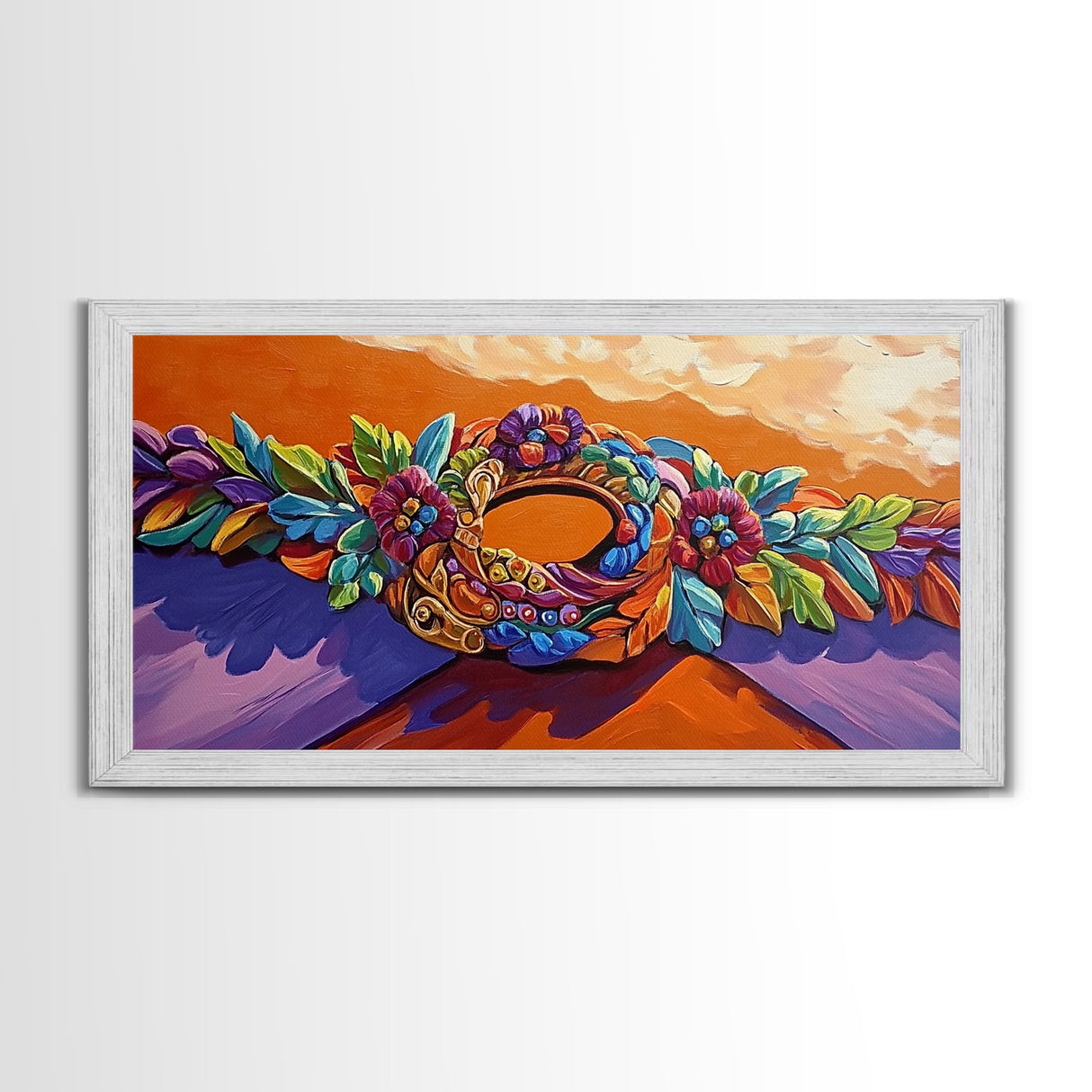 Wreath Orange, Floral, Framed Canvas Print, Bright Floral Crown Wall Decor, Whimsical Art Style, Bohemian Bedroom Artwork