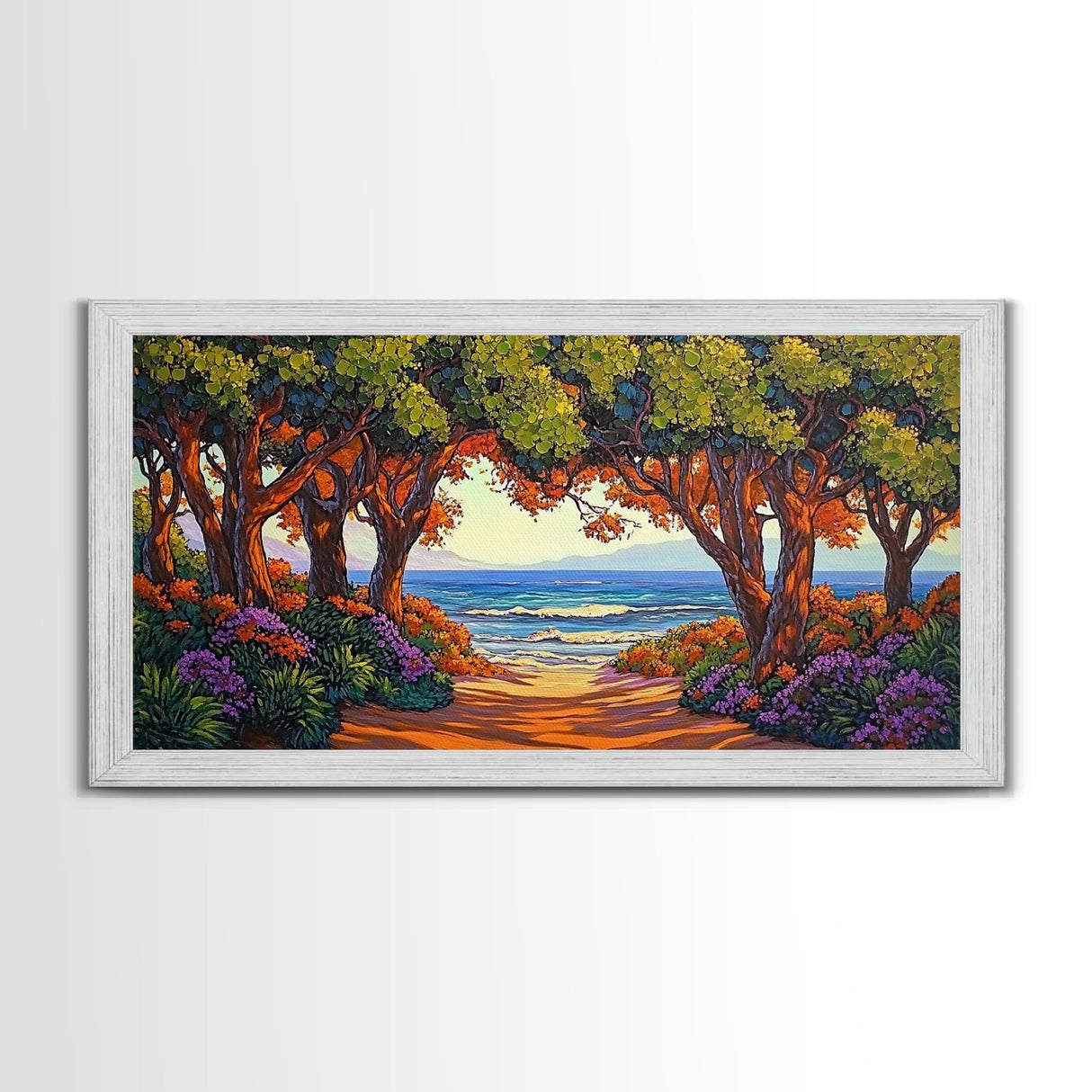 Beach Trees, Tunnel, Ocean, Sunset beach tunnel view, Framed Canvas Print, Coastal Boho Decor, Romantic Seaside Wall Art