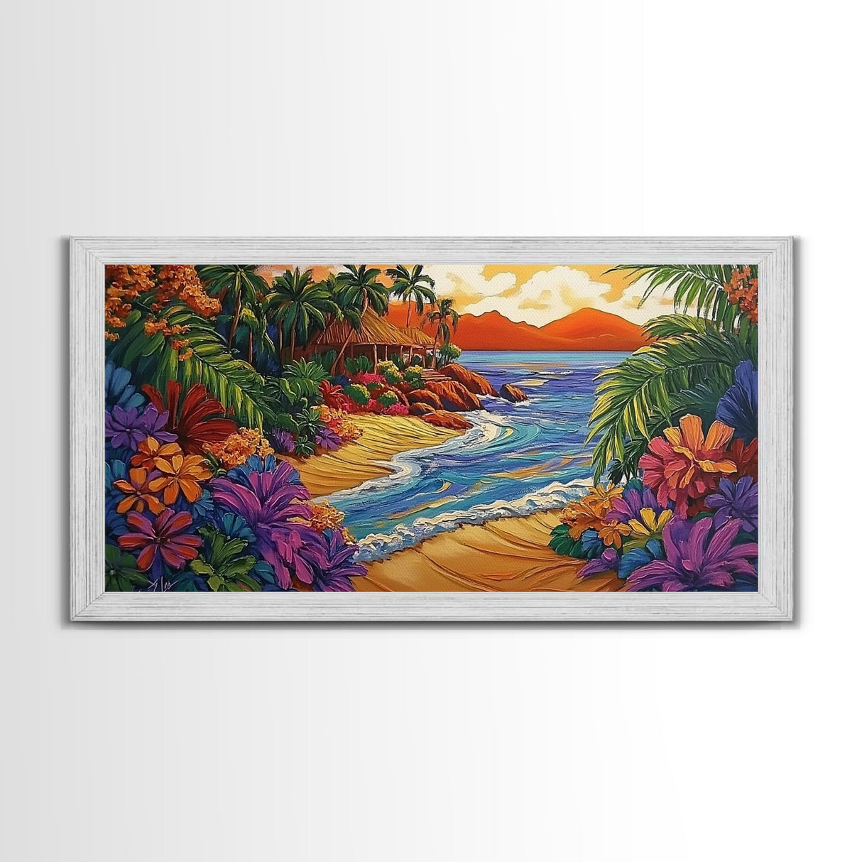 Tropical, Beach, Sunset, Palm, Vibrant tropical beach art, Canvas Print, Island Paradise Decor, Vacation Vibes, Living Room Art