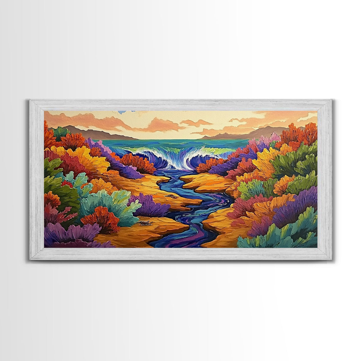 Waterfall, Canyon, Nature, Ocean, Framed Canvas Print, Boho wall art, nature landscape art, vibrant waterfall decor, bathroom wall art
