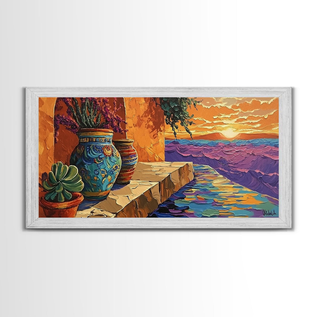 Sunset Terracotta, Patio, Art, Framed Canvas Print, Colorful Mexican pottery scene, vibrant tropical wall art, boho entryway decor