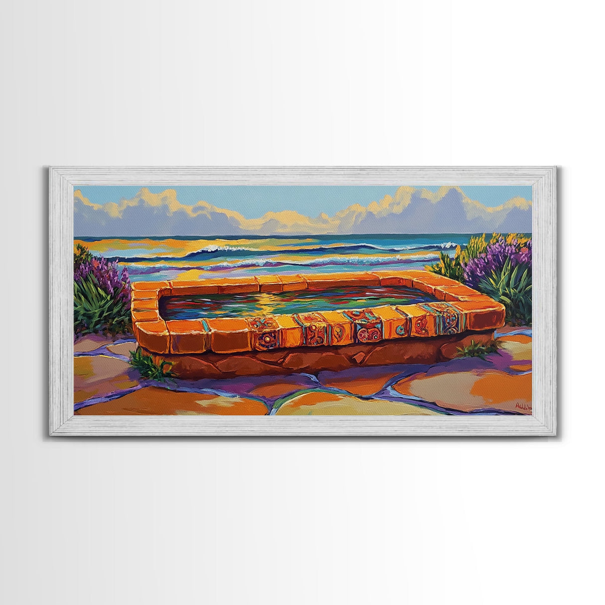 Ocean Terrace, Bath, Scene, Framed Canvas Print Mexican tile spa ocean view, tropical coastal wall art, vibrant bathroom or garden print