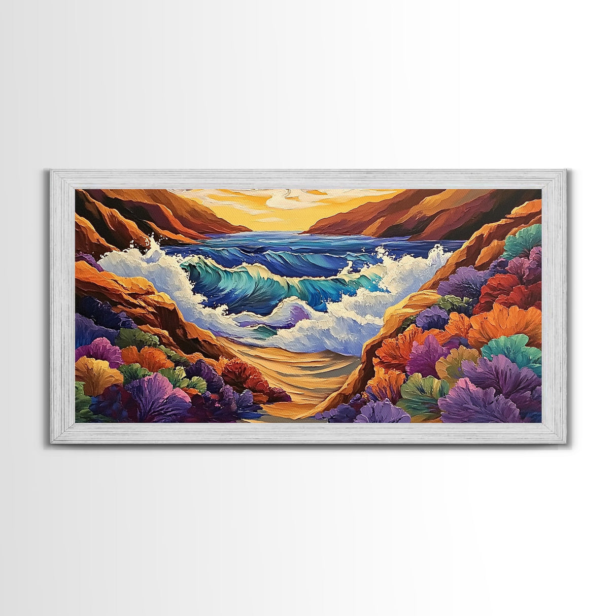 Ocean Sunset, Wave Splash, Framed Canvas Print, colorful crashing waves, rocky coast wall decor, Beach House Wall painting
