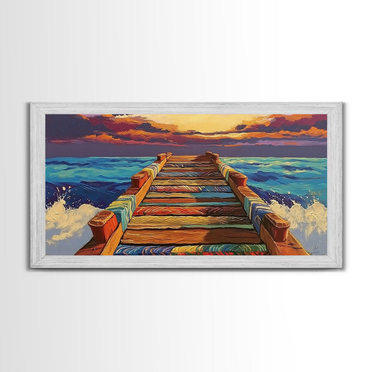 Ocean Pier, Sunset Seascape, Beach House Art, Rustic Dock, Nautical Wall Art, Colorful Painting, Coastal Landscape, Canvas Print