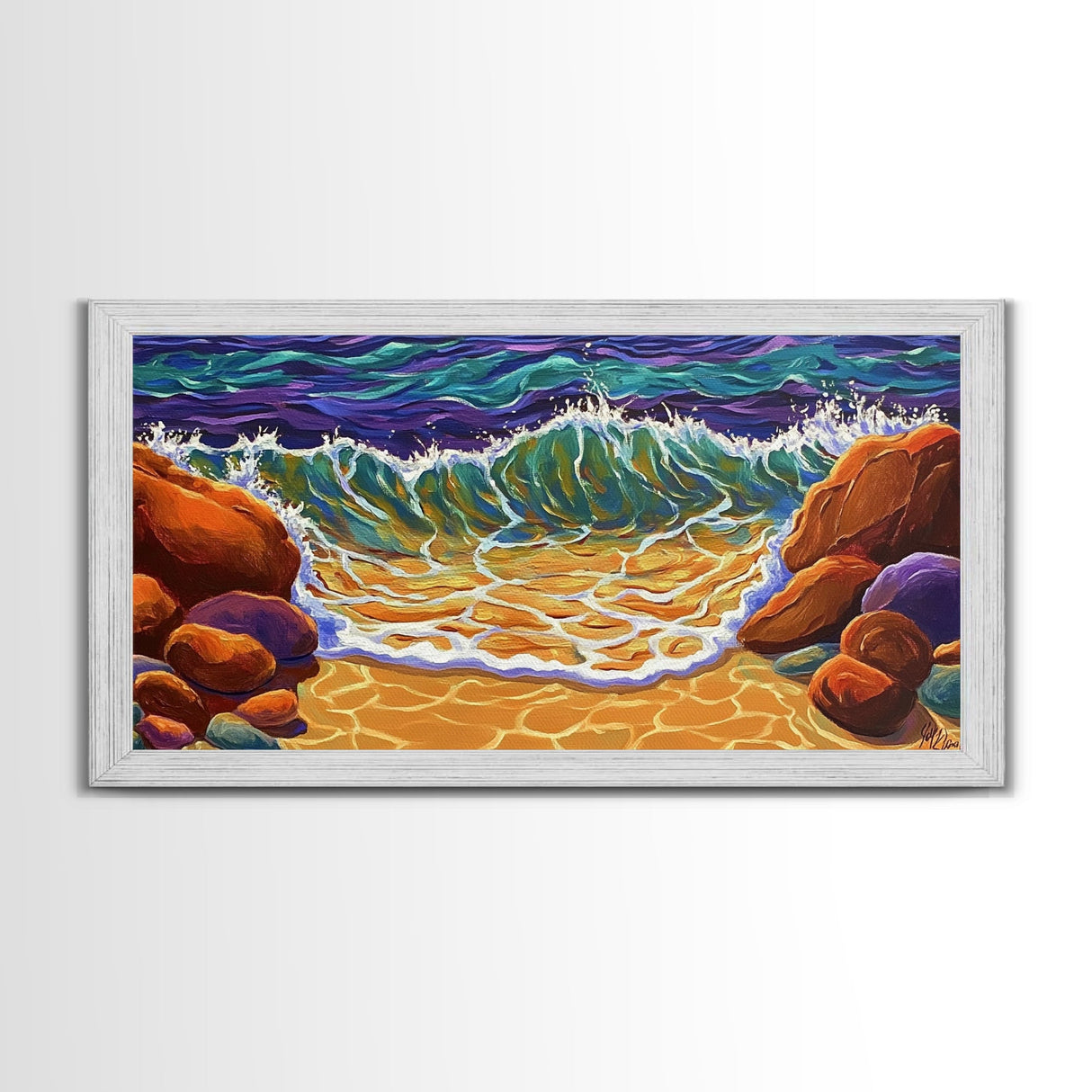 Wave Shoreline, Rocks, Splash, Vibrant ocean wall art, coastal home decor, Canvas Print, bathroom beach art, bold seascape painting