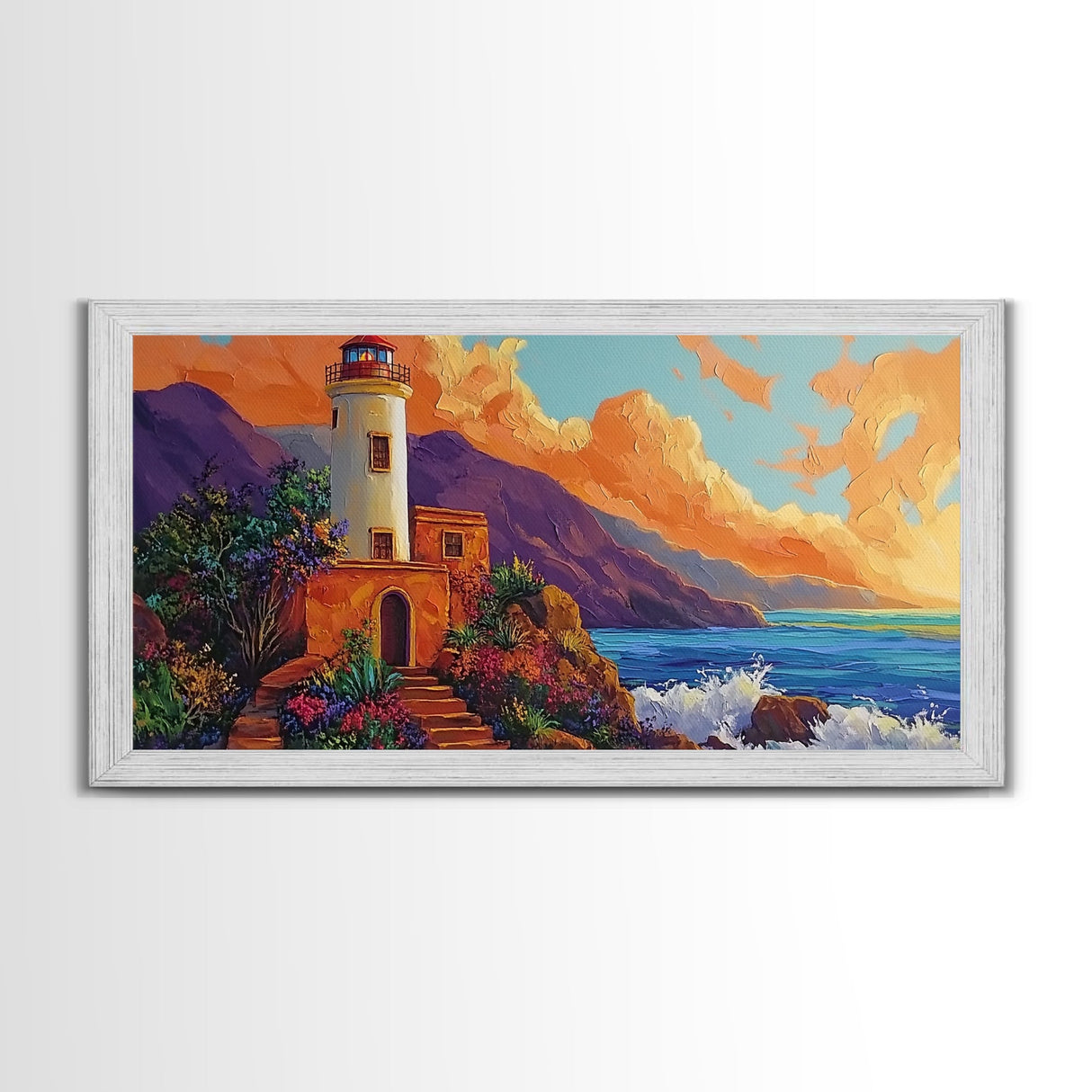 Lighthouse Ocean, Sunset, Cliff, Coastal lighthouse Canvas Print, living room seascape painting, nautical wall decor, sunset vibes art