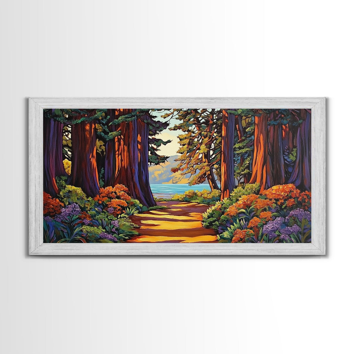 Forest Path, Ocean, Framed Canvas Print, Redwood forest trail to ocean scene, Nature inspired art, Rustic Living Room Wall Art