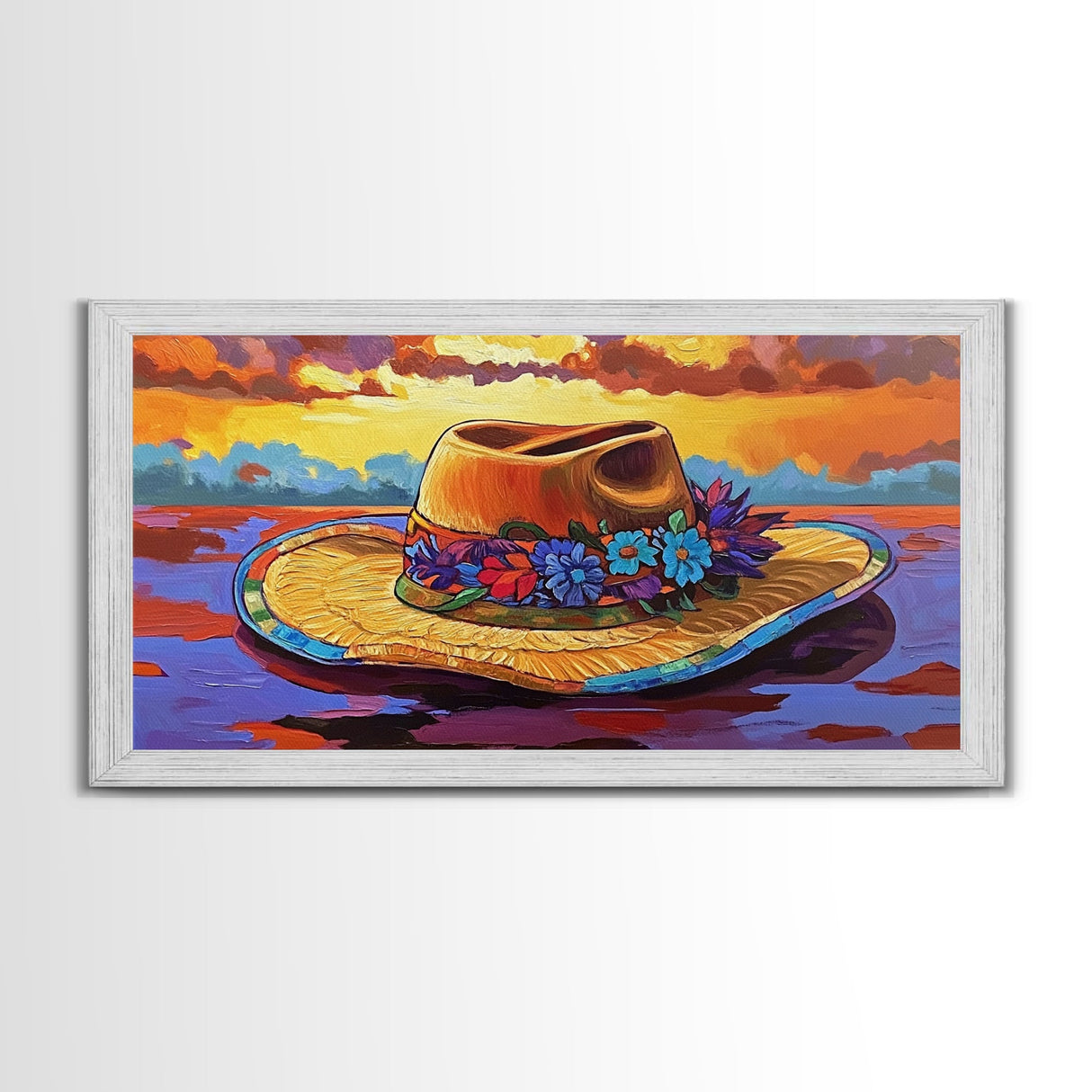 Hat Floral, Sunset, Framed Canvas Print, Boho straw hat with flowers on beach at sunset, Whimsical Summer Art, Entryway Wall Art