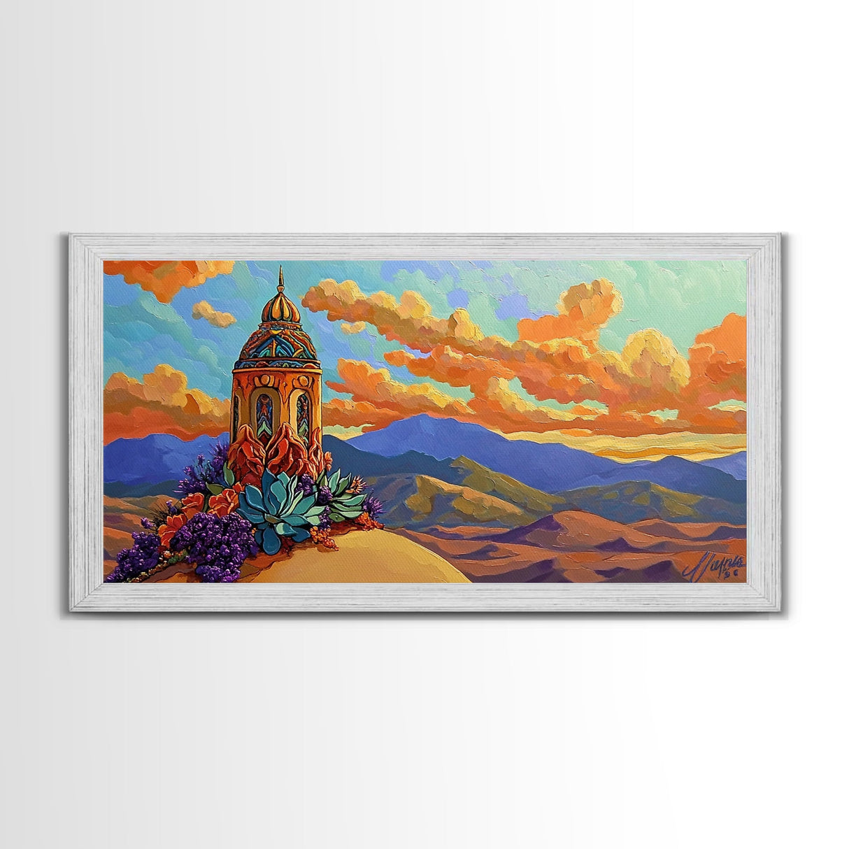 Tower Mountains, Sky, Clouds, Canvas Print, whimsical turret landscape, pastel sky art, colorful fantasy decor, study wall art