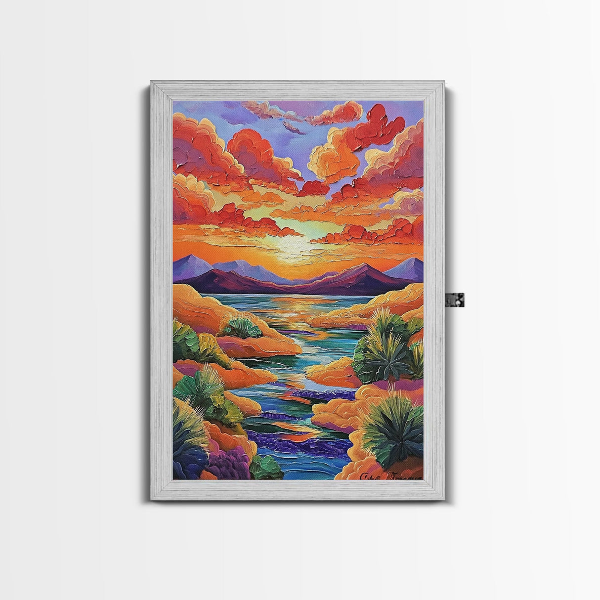 Sunset Desert, River, Color, Framed Canvas Print dreamy painted desert river sunset, colorful sky landscape artwork, nature boho art