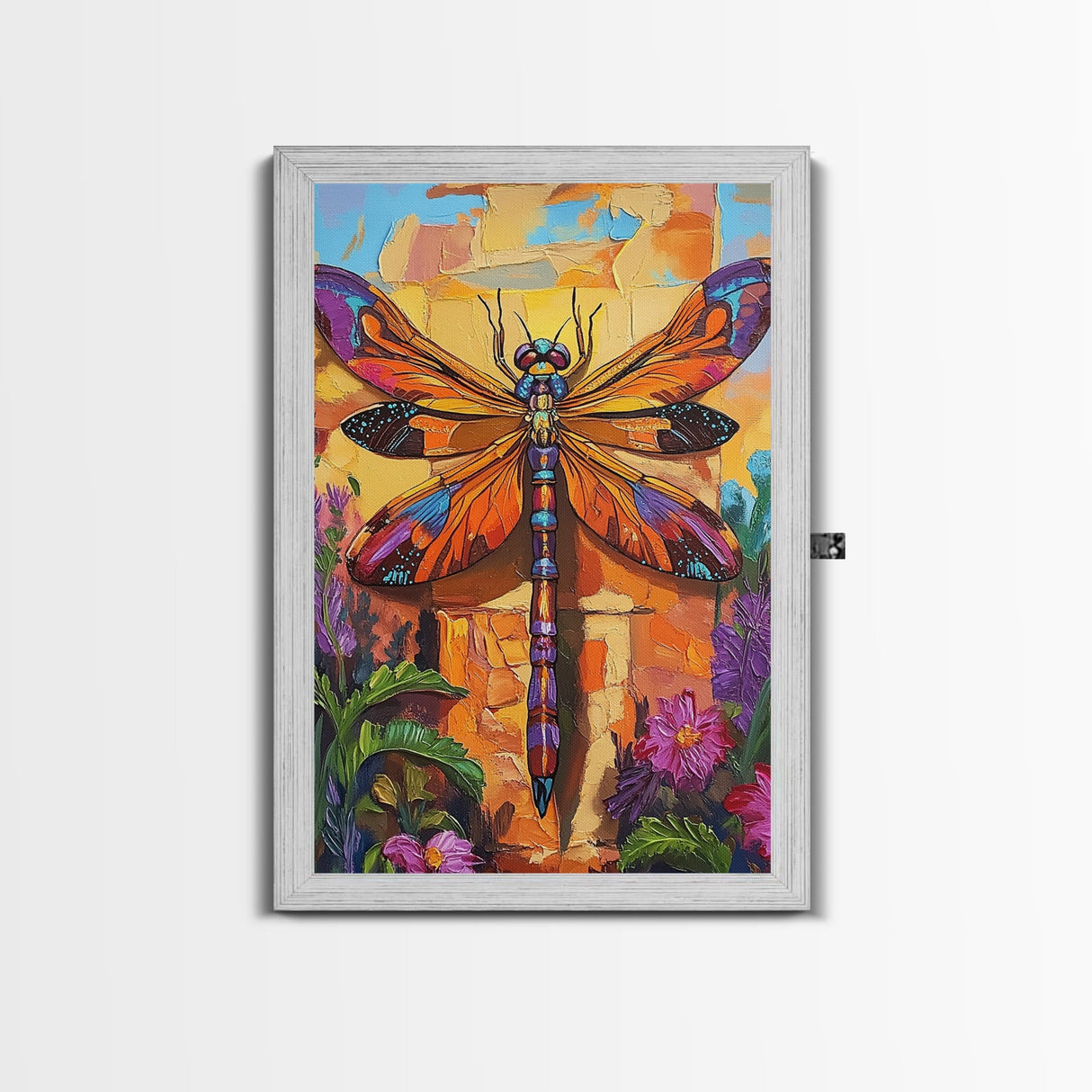 Dragonfly Floral, Bold, Nature, Framed Canvas Print, Boho dragonfly wall art, vivid nature insect painting, Bathroom or Entryway Art