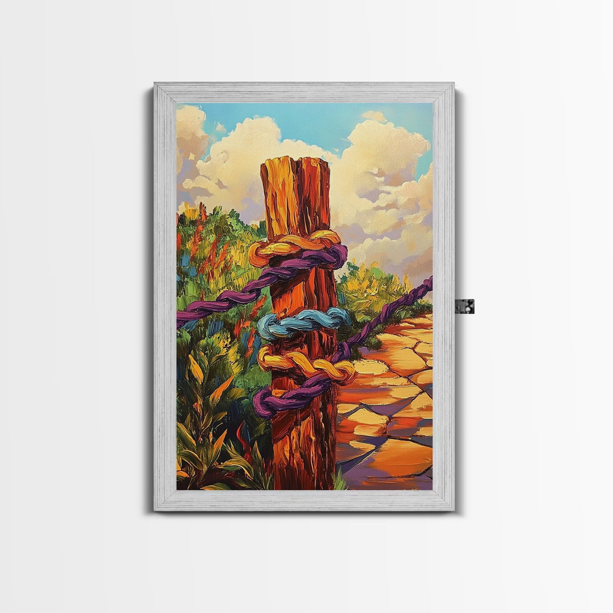 Post Rope, Path, Nature, Canvas Print, rustic fence art, countryside boho decor, vibrant outdoor scene, cozy cabin wall art, hallway style