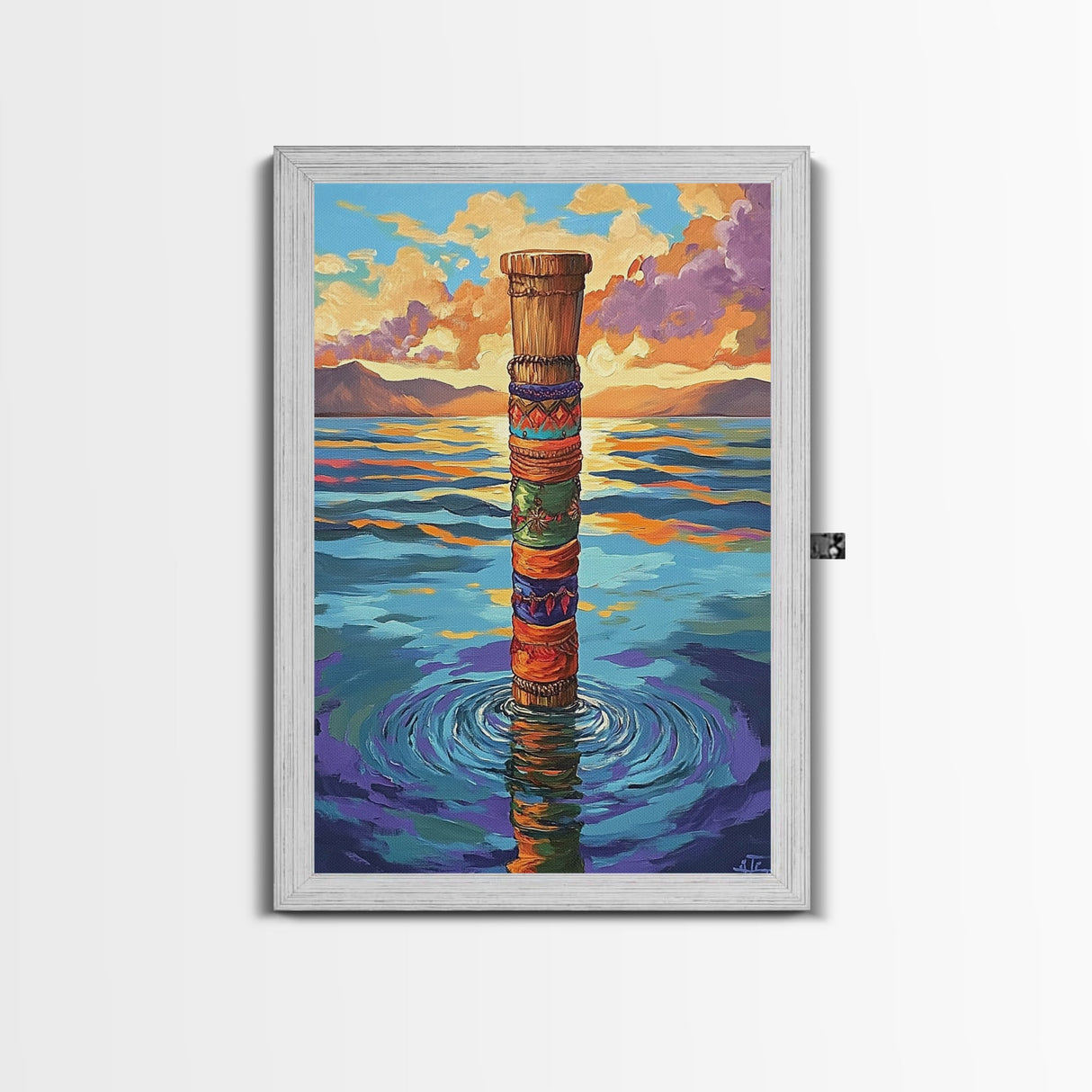 Tribal Water, Pole, Peaceful, Framed Canvas Print tranquil ocean pole artwork, tribal inspired sea painting, boho decor, hallway wall art
