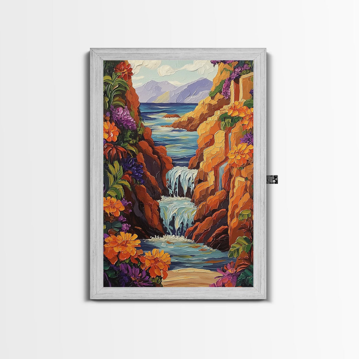 Waterfall Cliffs, Ocean, Framed Canvas Print, Tropical Canyon Wall Art, Colorful Nature Inspired Decor, Bathroom art, Entryway Wall Art