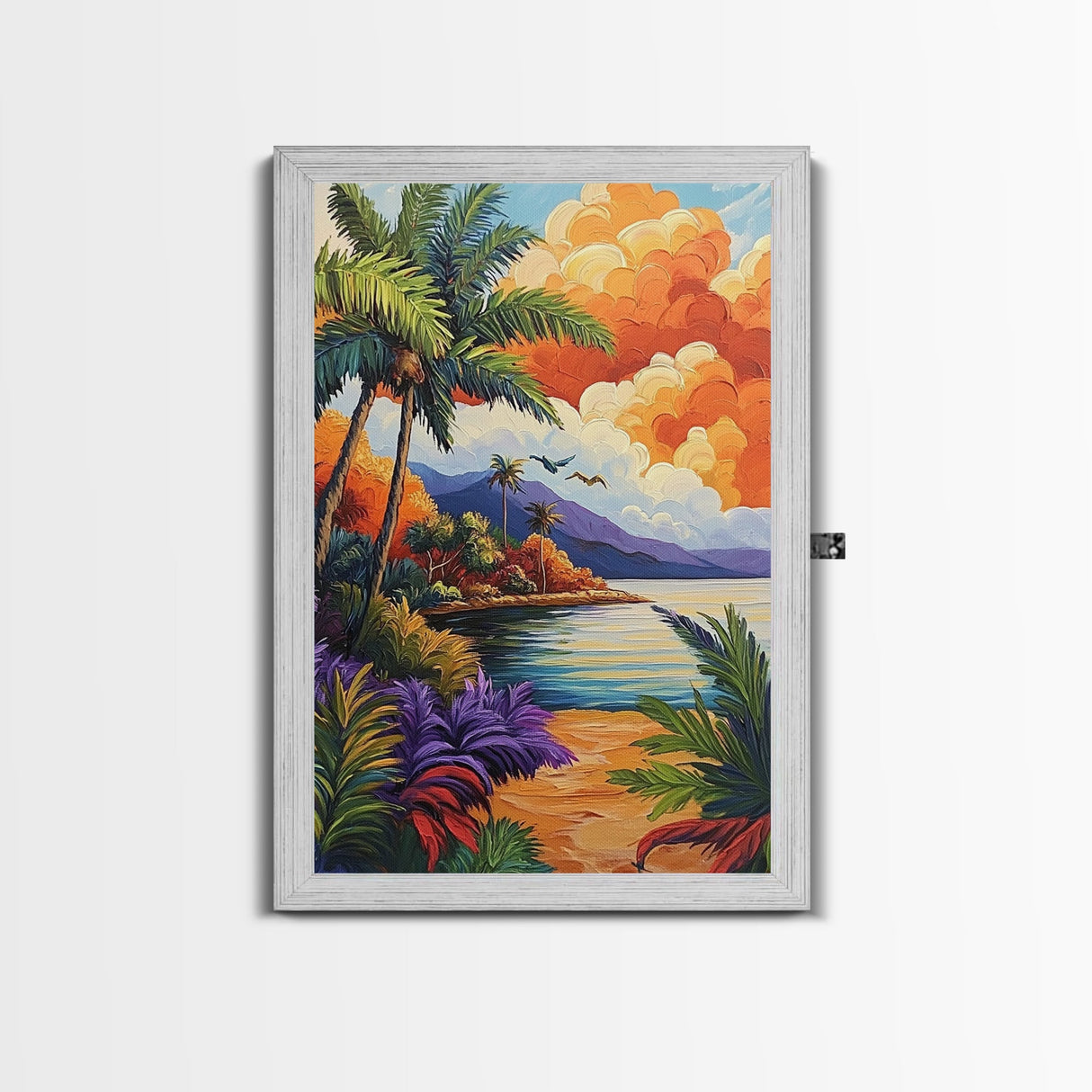 Sunset Palms, Ocean, Autumn, Framed Canvas Print coastal tropical wall art, bold sunset palm decor, boho living room art, beach house vibe