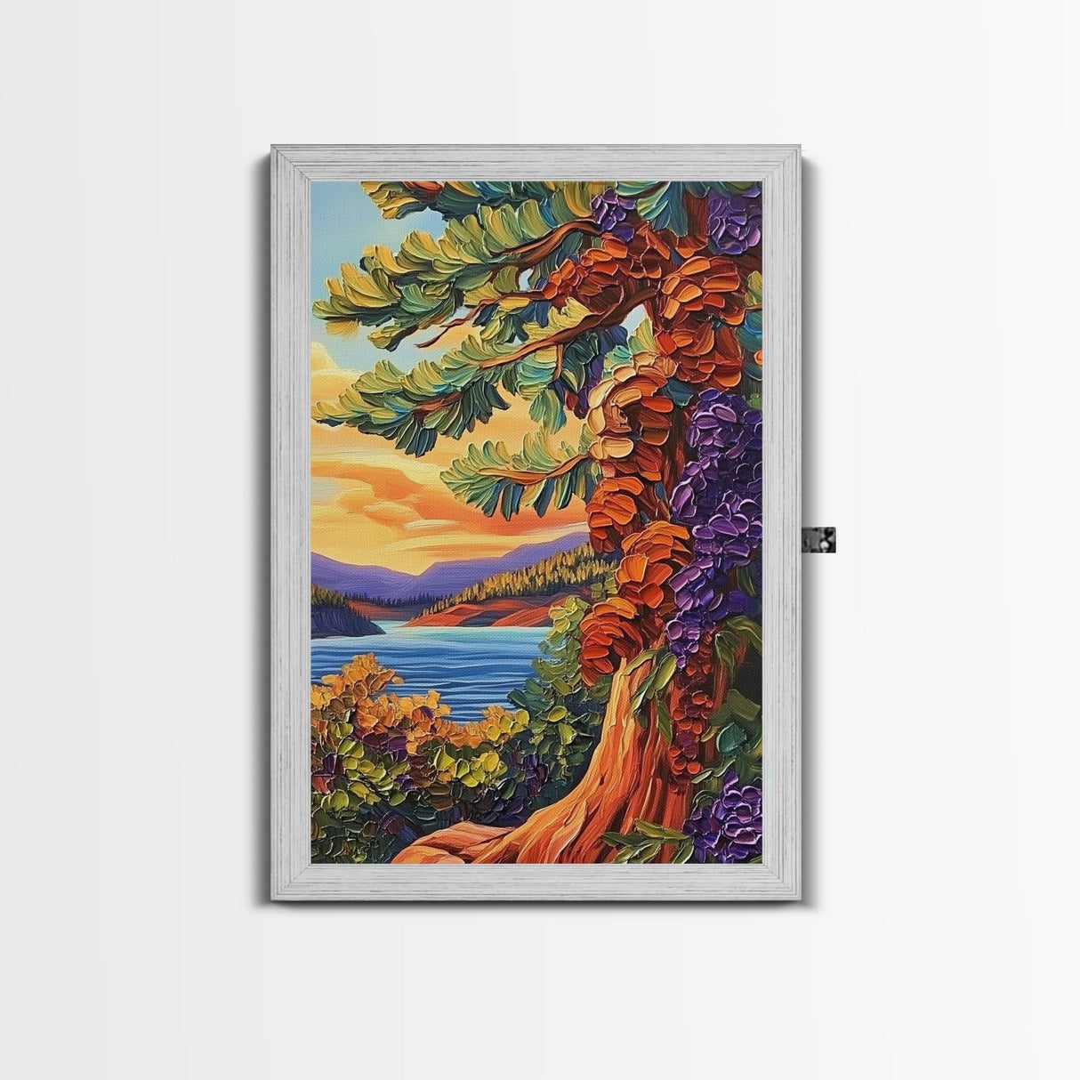 Tree Lake, Mountains, Nature, Framed Canvas Print, pine tree art, autumn landscape wall decor, cozy cabin or lodge art, textured style