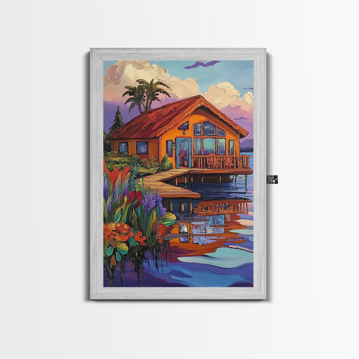 Cabin Dock, Water, Reflection, Framed Canvas Print, lake house decor, cozy retreat wall art, rustic reflection painting, fall colors