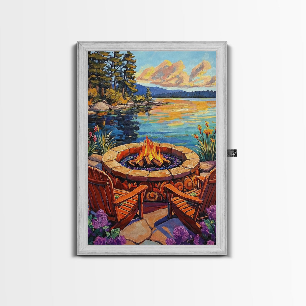 Firepit Chairs, Lake, Sunset, Framed Canvas Print, outdoor patio wall decor, rustic lakeside art, cozy fall cabin retreat artwork