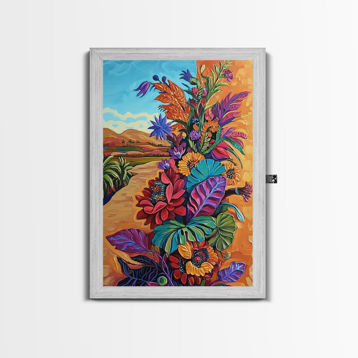 Desert Blooms Roadside, Boho, Framed Canvas Print, Wild Desert Bloom Art, Colorful Flower Canvas, Garden Wall Decor, Southwest Living Room