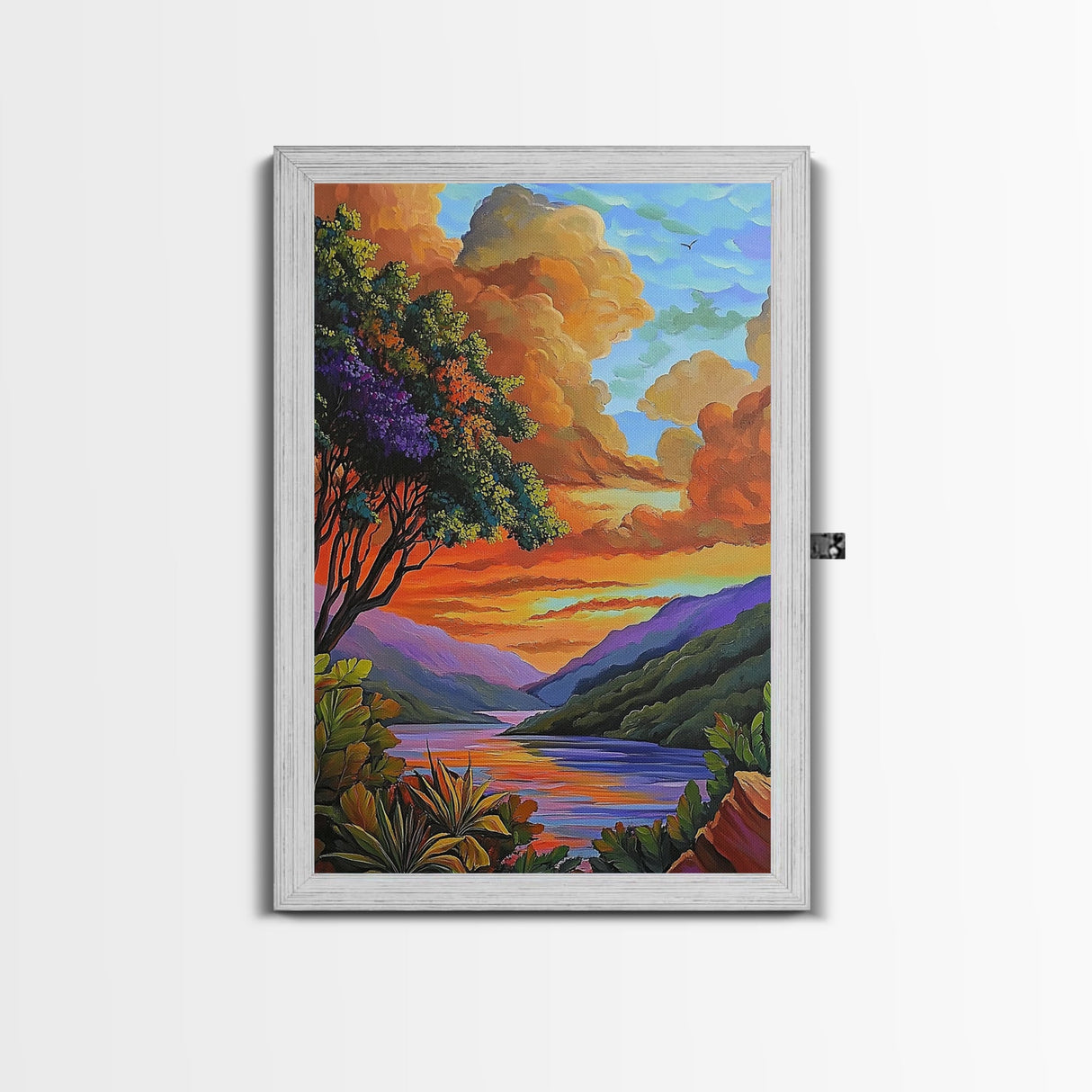 Sunset Lake, Tree, Vivid Nature Framed Canvas Print, Autumn Scenic Wall Art, Bedroom Fall Landscape Decor, Impressionist Style