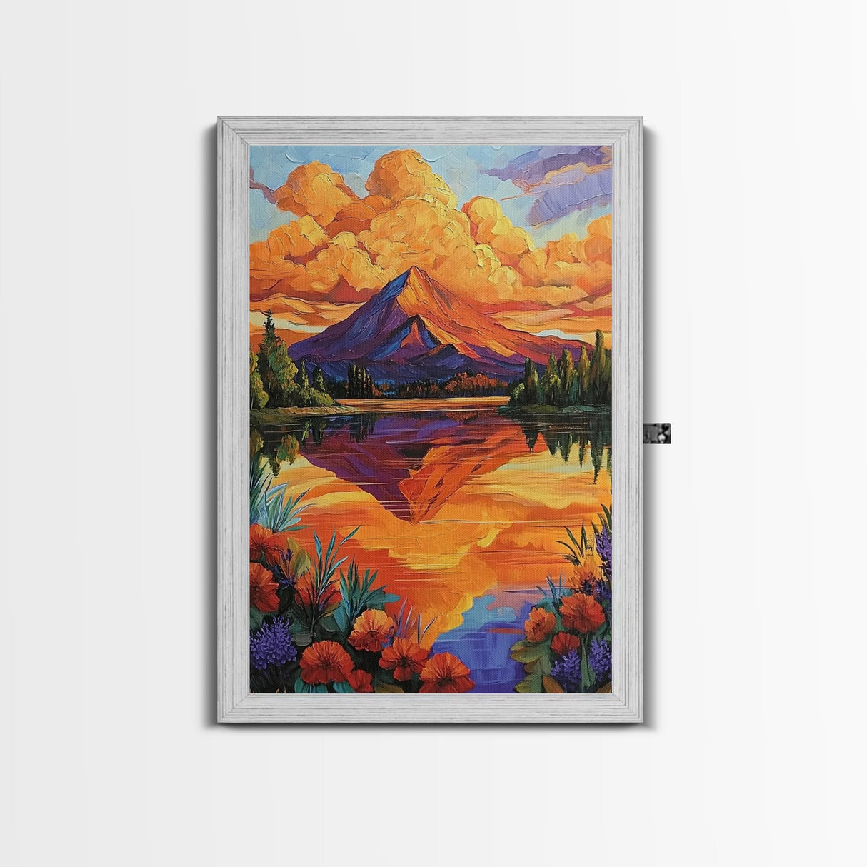 Mountain Reflection, Lake, Sunset, Framed Canvas Print, Vibrant Nature Wall Art, Rustic Cabin Decor, Bold Sunset Landscape Painting