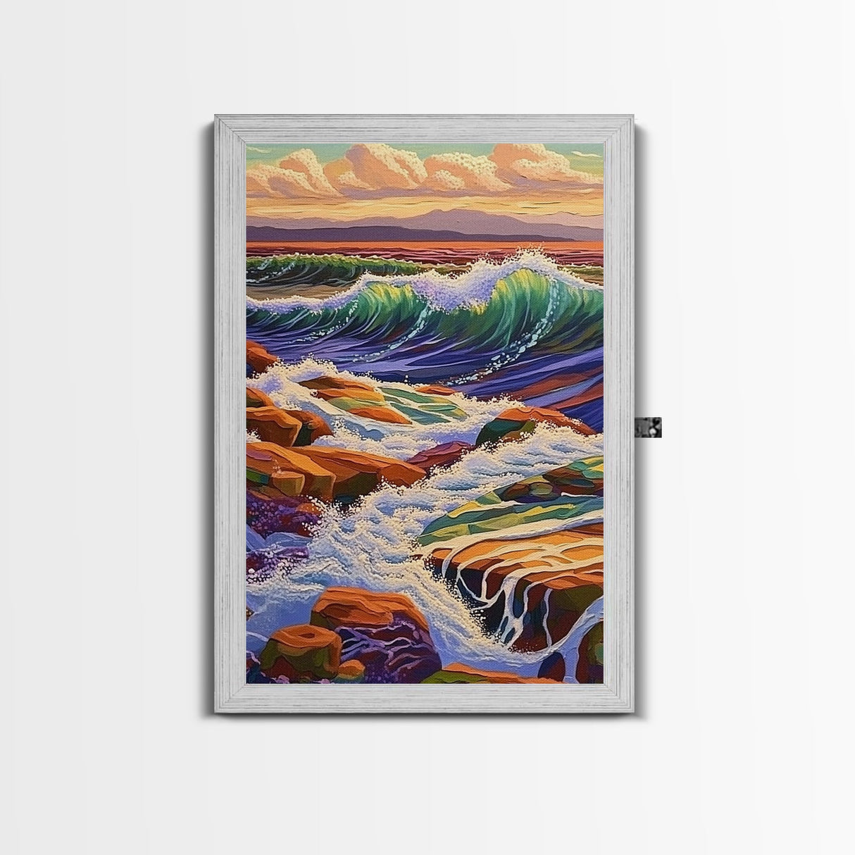 Waves Rocky, Shoreline, Sunset, Framed Canvas Print, Coastal Nature Art, Vibrant Seascape Wall Decor, Bathroom or Living Room Art