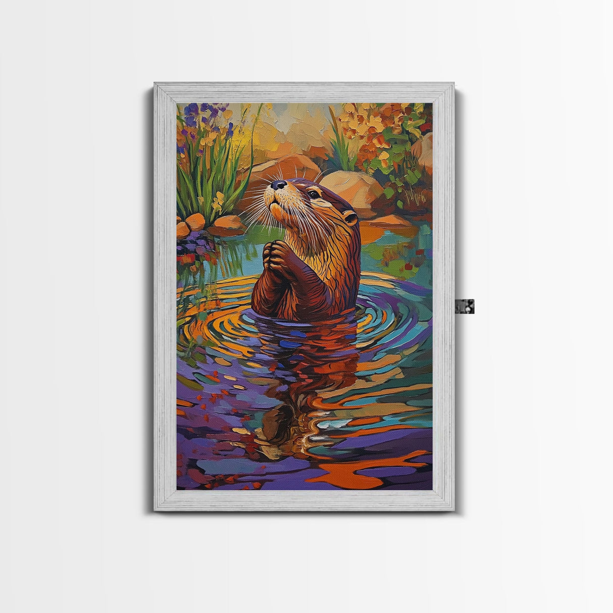 Whimsical Otter Art, Animal Lover Gift, Vibrant Nature Print, Wildlife Decor, Framed Canvas Print, Nursery Wall Art, playful artwork