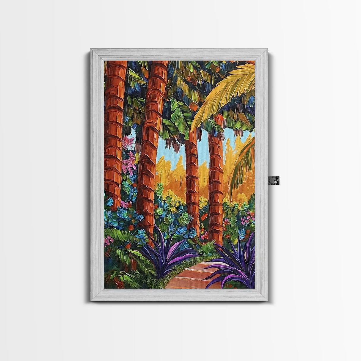 Palm Forest, Jungle Path, Tropical Garden, Canvas Print, exotic greenery, vibrant landscape painting, boho decor, Bathroom Wall Art