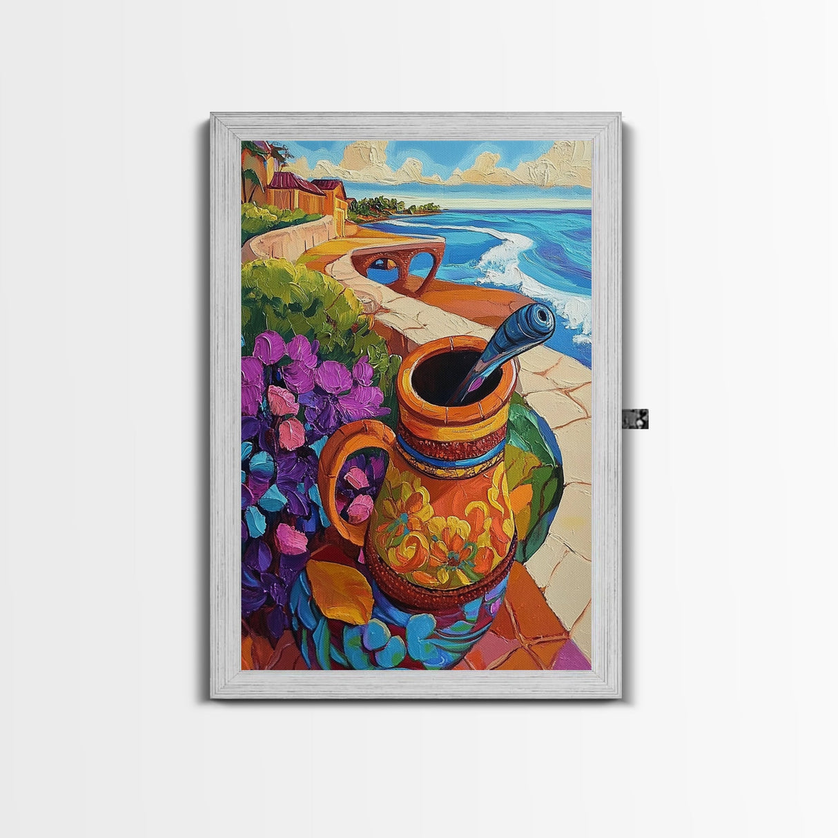 Ocean View, Rustic Charm, Colorful Pottery, Coastal Decor, Framed Canvas Print, Dining Room Wall Art, Mexican Folk Art, vibrant style