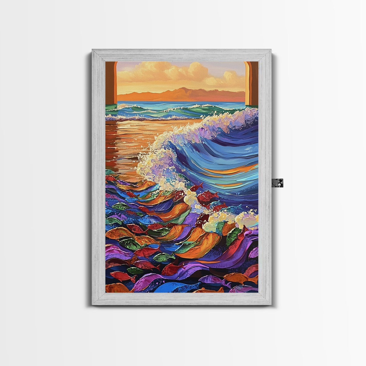 Wave Splash, Colorful Fish, Ocean Dance, Sunset Surf, Framed Canvas Print, Coastal Wall Art, Playroom Decor, Underwater Fantasy Art