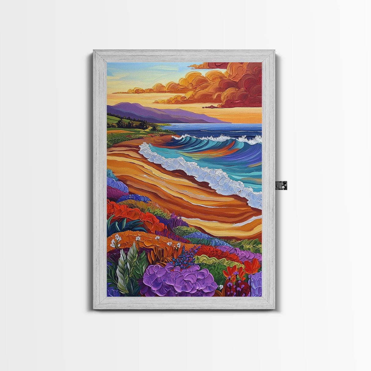 Ocean Sunset, Colorful Beach, Coastal Vibes, Tropical Flowers, Fall Wall Art, Dining Room Decor, Canvas Print, Vibrant Landscape Art